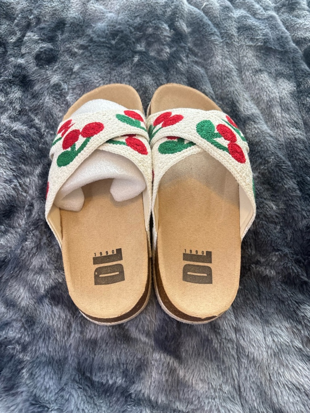 Dirty Laundry Cream Slide Sandals with Red Cherry Embroidery - Picture 4 of 8